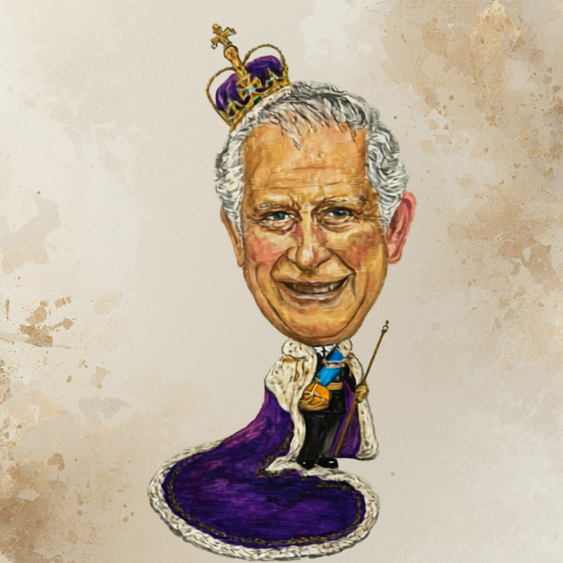 King Charles - Caricature A caricature of King Charles wearing a purple robe and a purple crown