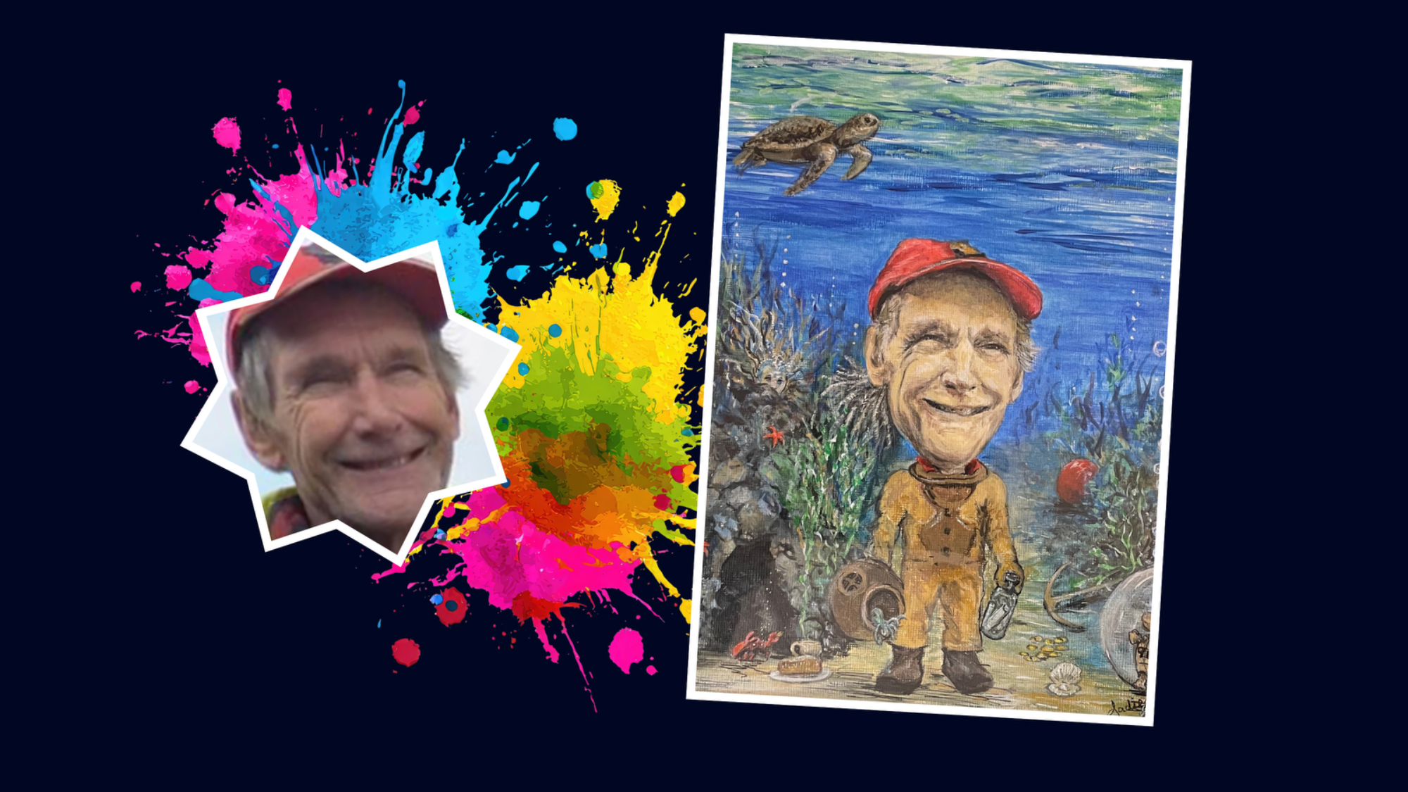 Ray Caricature of Ray in his diving gear, under the sea among fishes and other sea life.
