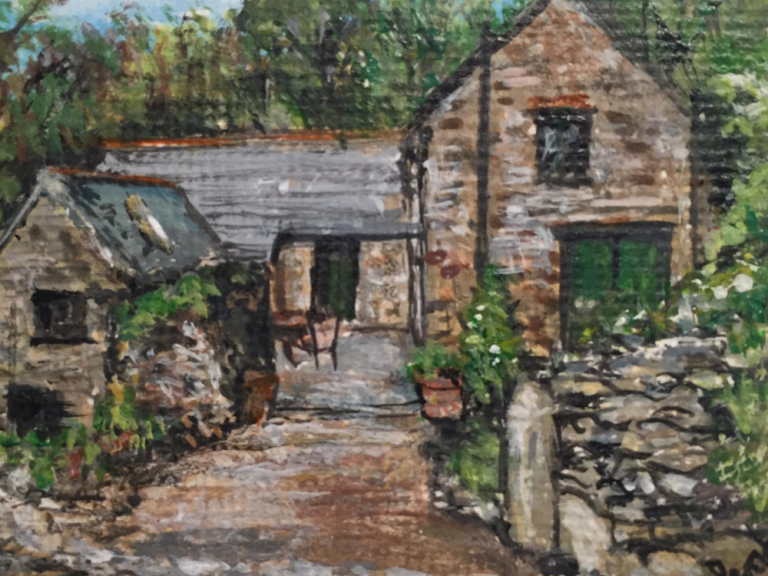 Art Therapy An acrylic painting of a chocolate-box cottage created by one of Sadie's Art Therapy clients