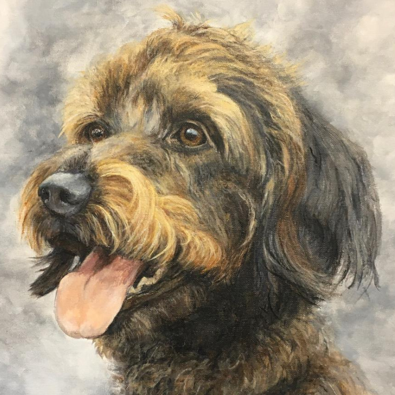 Pet Portraits Painting of Meg the dog with big brown doleful eyes and her tongue hanging out