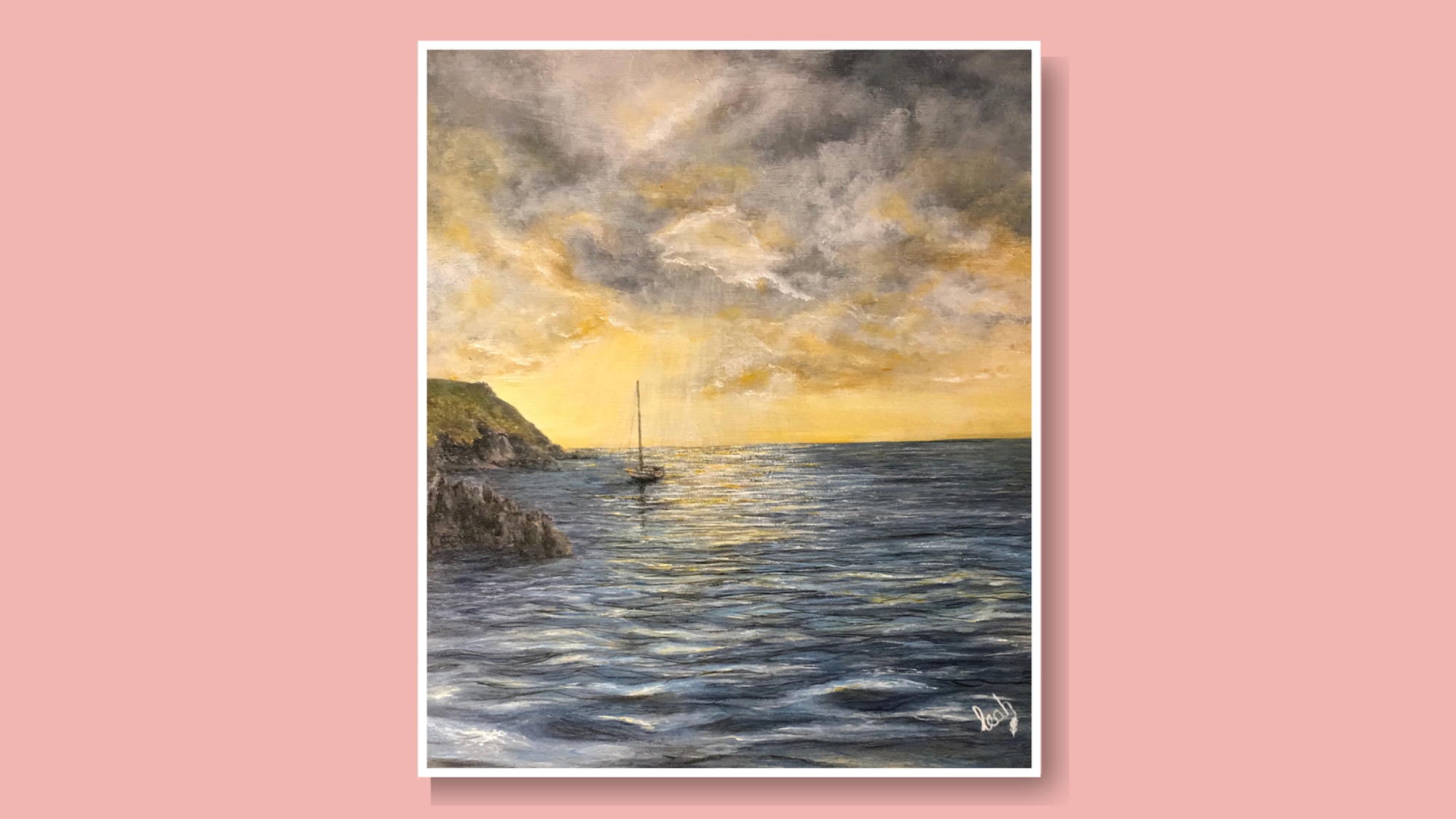 At Anchor A lone yacht with its sail down, anchored in a coastal bay with a golden sky and whispy clouds.