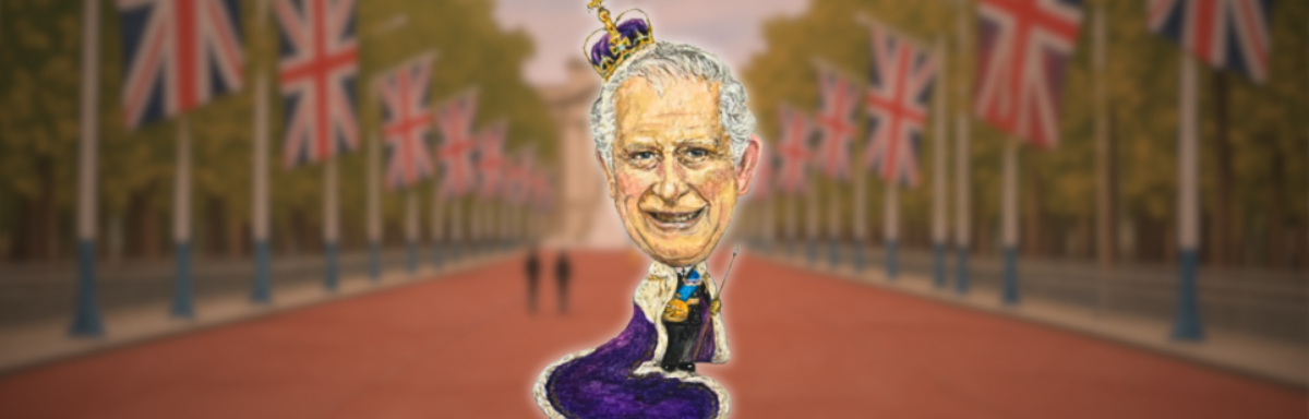 A caricature of King Charles III Sadie's interpretation of King Charles with him wearing a purple crown and robe and standing among a row of union flags