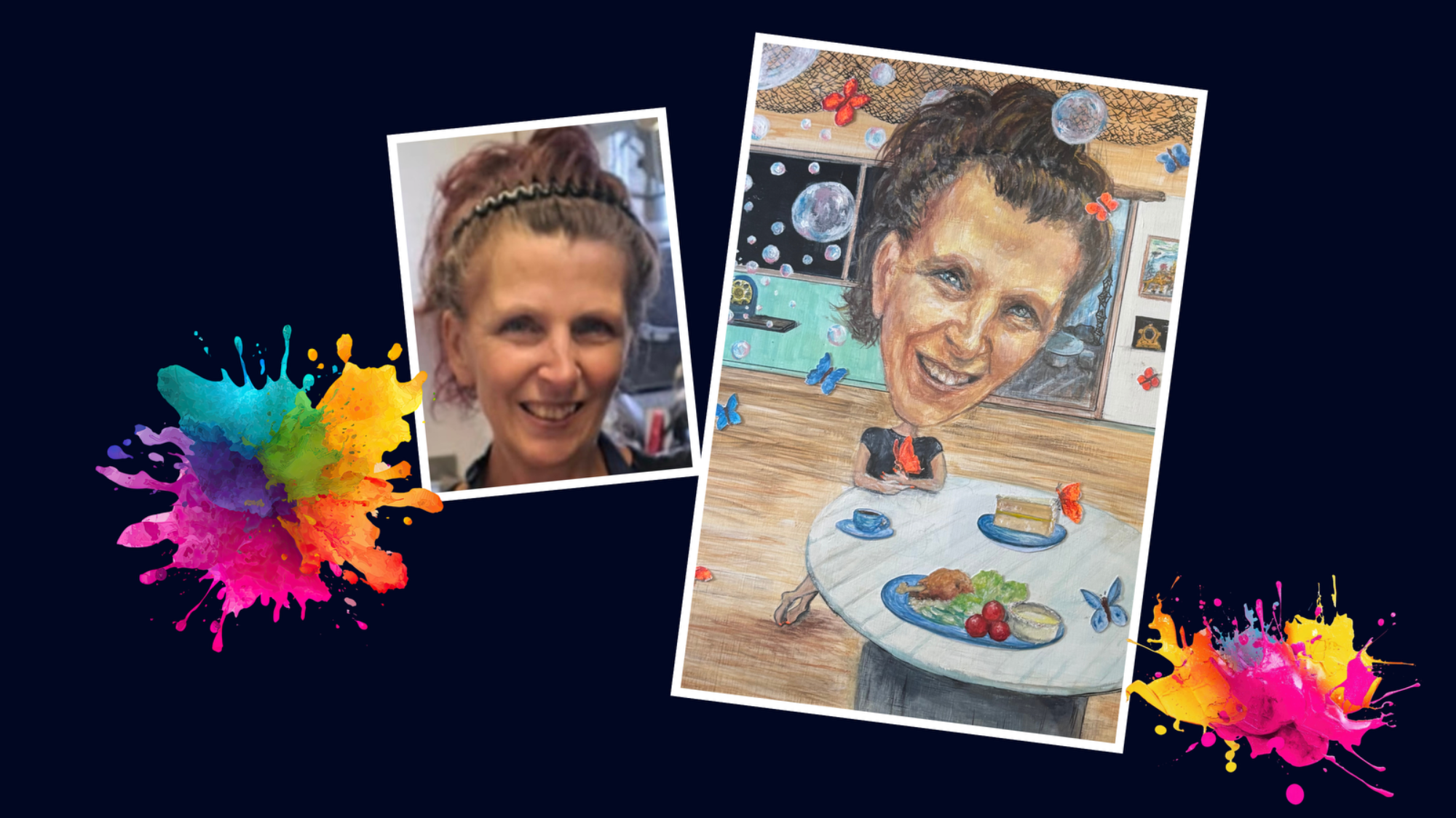 Debbie Debbie is shown at a round table with lots of her favourite things, and butterflies which represent her former colleagues.