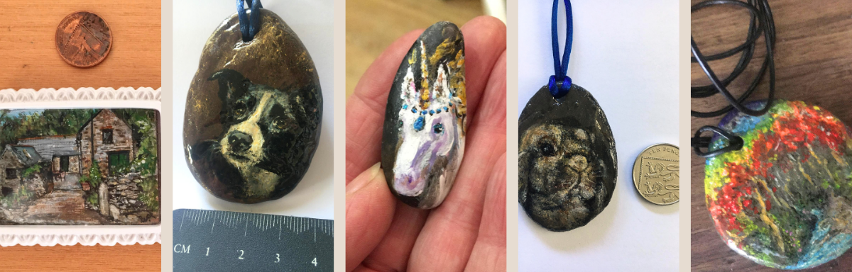Miniature art works Some of the items that Sadie's clients create during art therapy - small paintings, rocks and pebbles etc