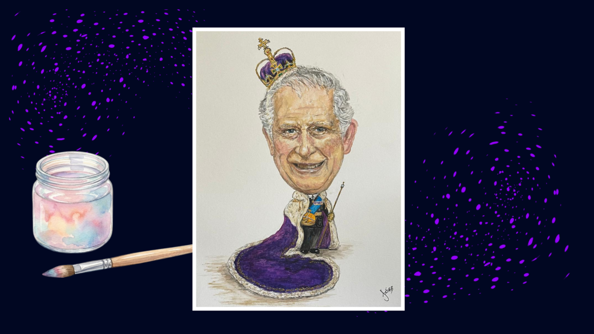 King Charles III A caricature of King Charles wearing a purple robe and wearing a crown with exaggerated features.